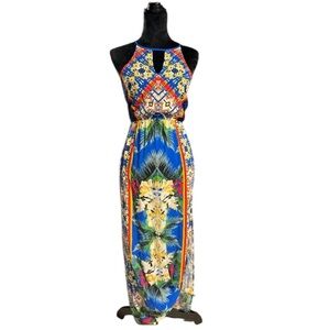 (EUC) Halter multi color beach vibe dress with side slit SZ S